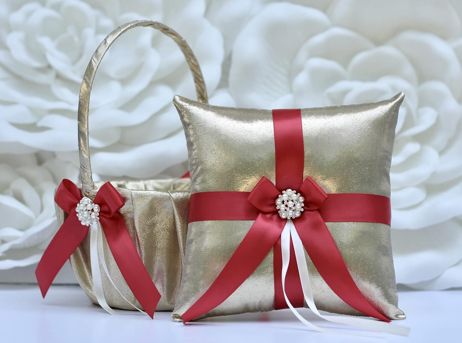 Flower Girl Basket and Ring Bearer Pillow Set in Gold and Red Color
