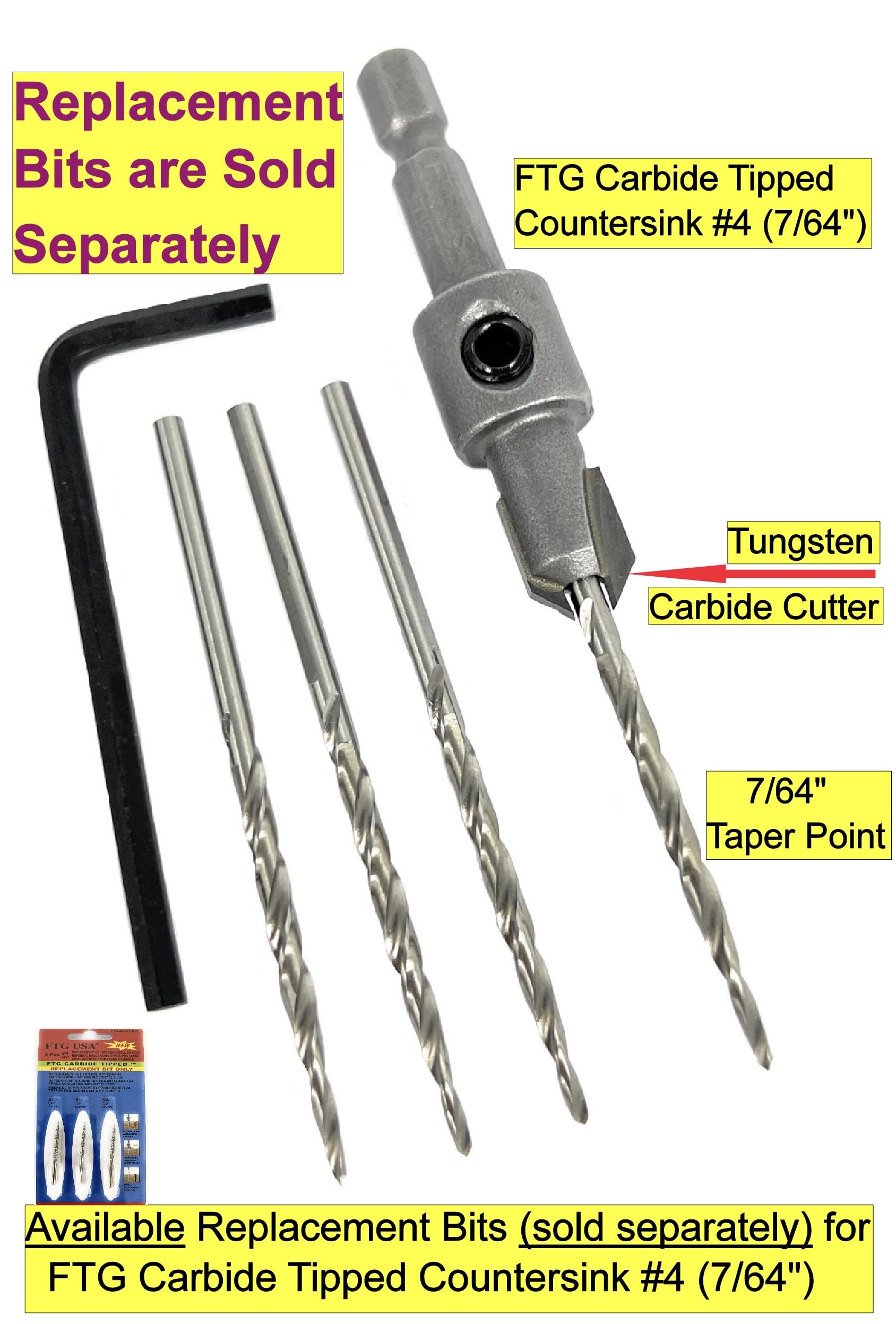 FTG USA 3 punte da trapano con punta in carburo di tungsteno #4 (7/64") con punta da trapano conica, codolo esagonale da 1/4", cambio rapido per la lavorazione del legno, con scatola portaoggetti