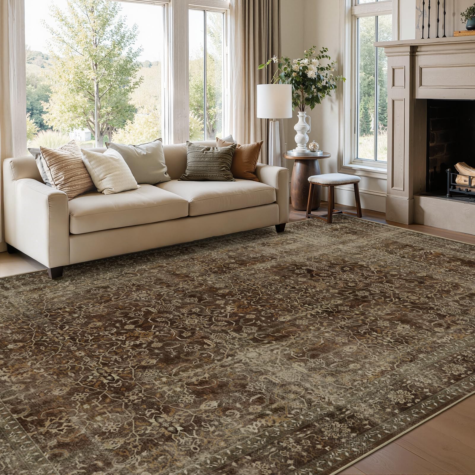 Jainmy Distressed Coffee Brown Living Room Rugs 6x9, Washable Non Slip Thin Carpet Rugs for Dining Room Under Table, Vintage Earth Tone Area Rugs for Bedroom Home Office Reading Nook — image 1