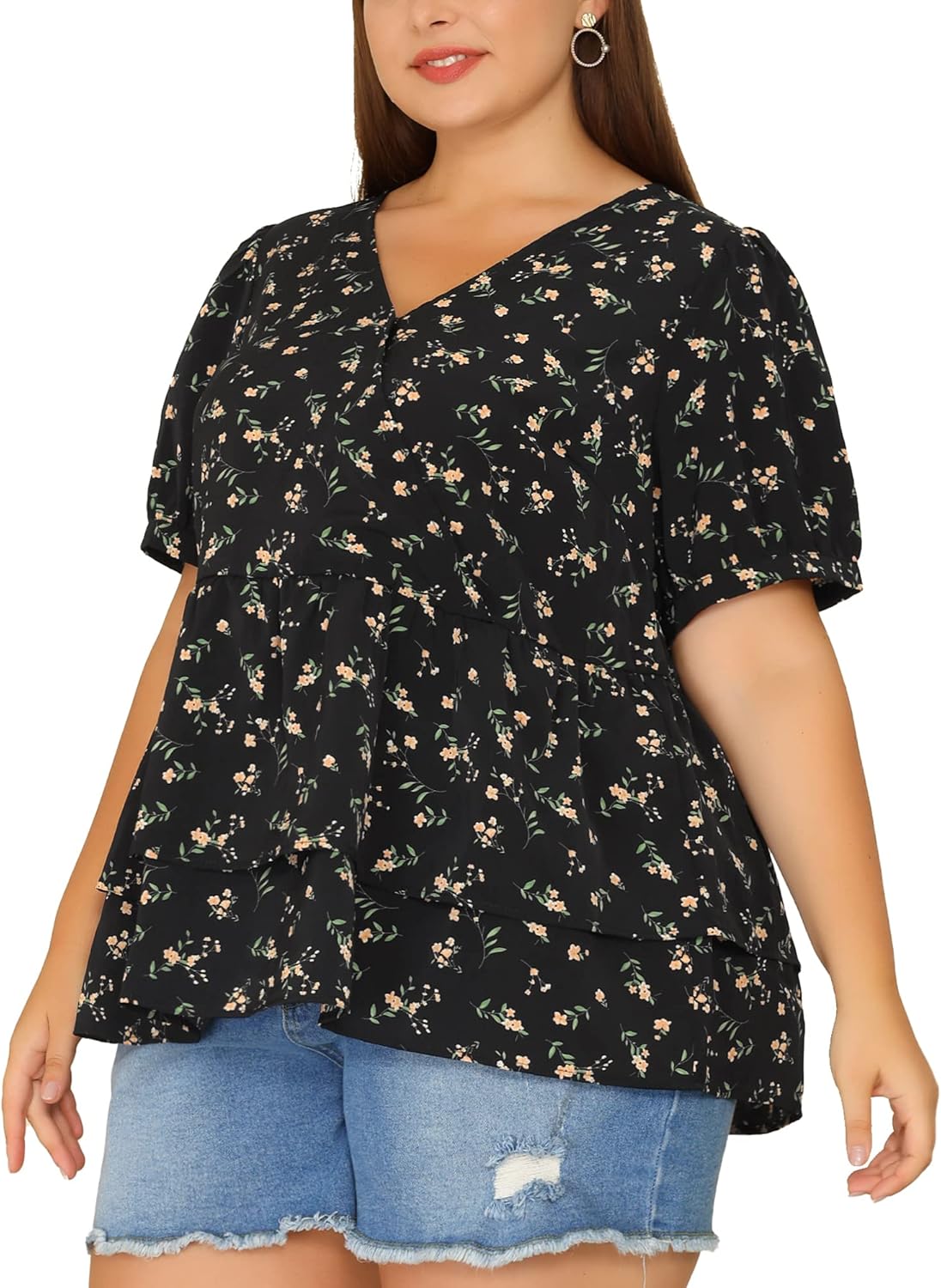 Agnes Orinda Plus Size Women's Blouse V Neck Short Sleeve Layered Peplum Tops 2024 Summer Floral Blouses - Image 2