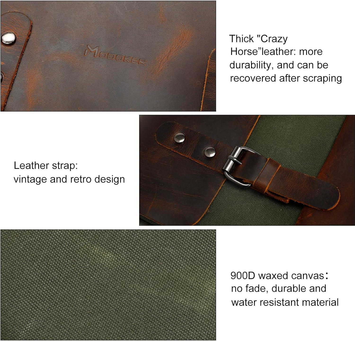 Modoker Waxed Canvas Backpack, Leather Rucksack Knapsack for Men Woman Vintage Travel Laptop Backpack 15.6 Inch Satchel Backpack, Retro Flap Backpacks Canvas Casual Daypack, Green - Image 3