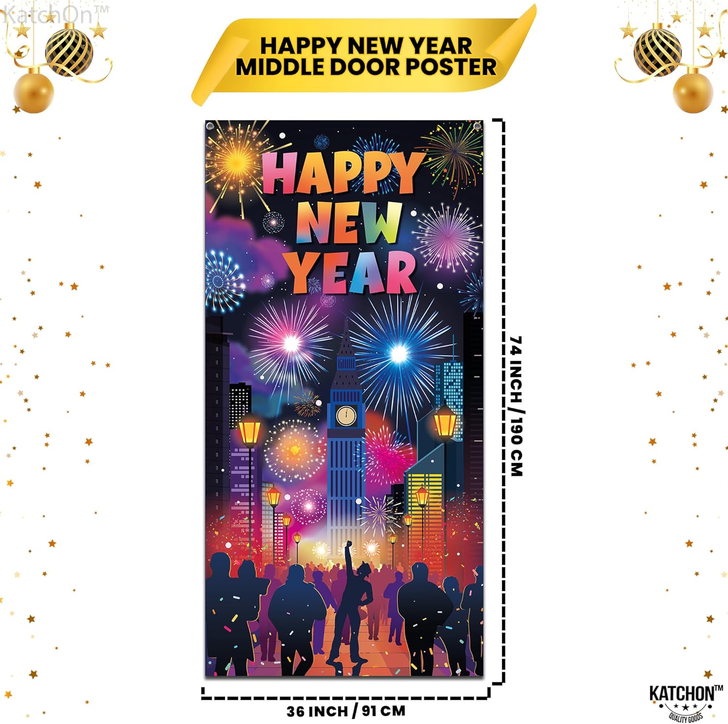 KatchOn, Gold Happy New Year Wall Banner and Door Banner | Door Cover, Purple and Blue Fireworks Happy New Year Backdrop | New Years Eve Party Supplies 2026 | New Years Decorations 2026