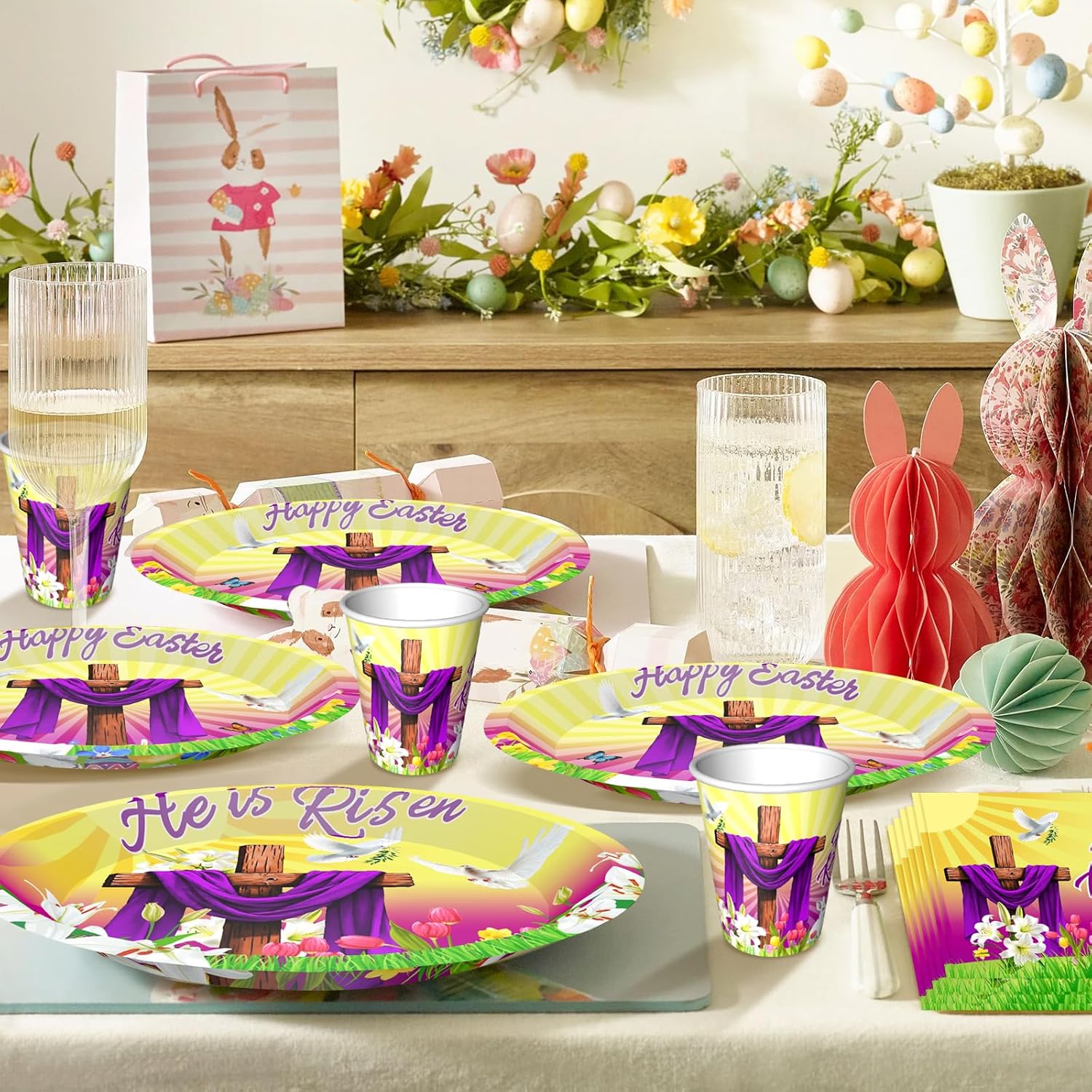 He is Risen Party Plates Supplies Tableware with Easter Jesus Paper Plates Napkins Cups Forks for Religion Christ Easter Party Decorations, Serves 24