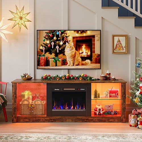 Bestier 63" Modern Fireplace TV Stand for TVs Up to 70", Electric Entertainment Center with Adjustable LED Storage Cabinets, Textured Door, Farmhouse Media Console for Living Room, Rustic Brown
