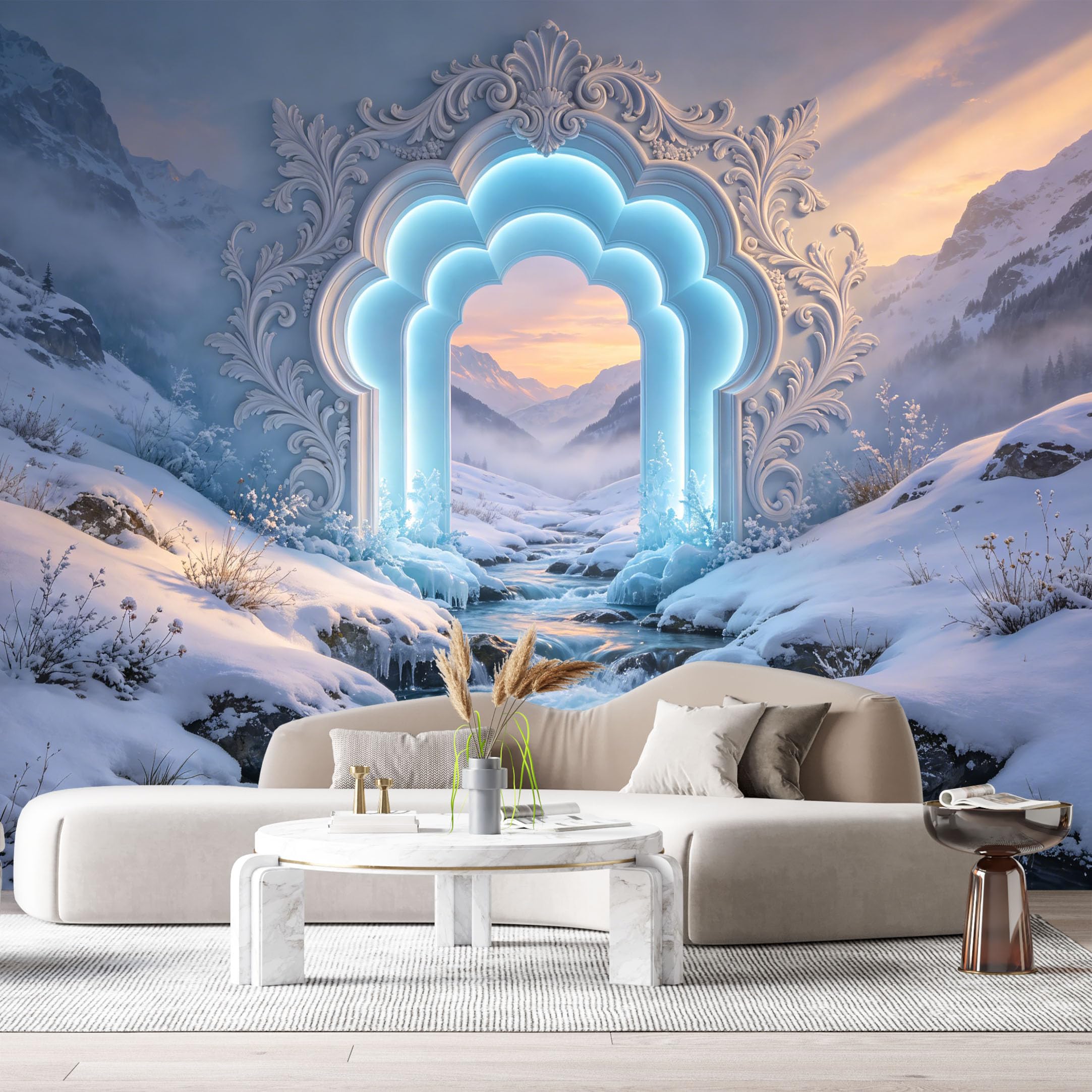 Custom Size Wall Murals Fantasy Archway Snowy Mountain Stream Blue Glow 3D Trompe L'Oeil SelfAdhesiveWall Fabric Removable Wallpaper Wall Decor for Living Room Bedroom Bathroom