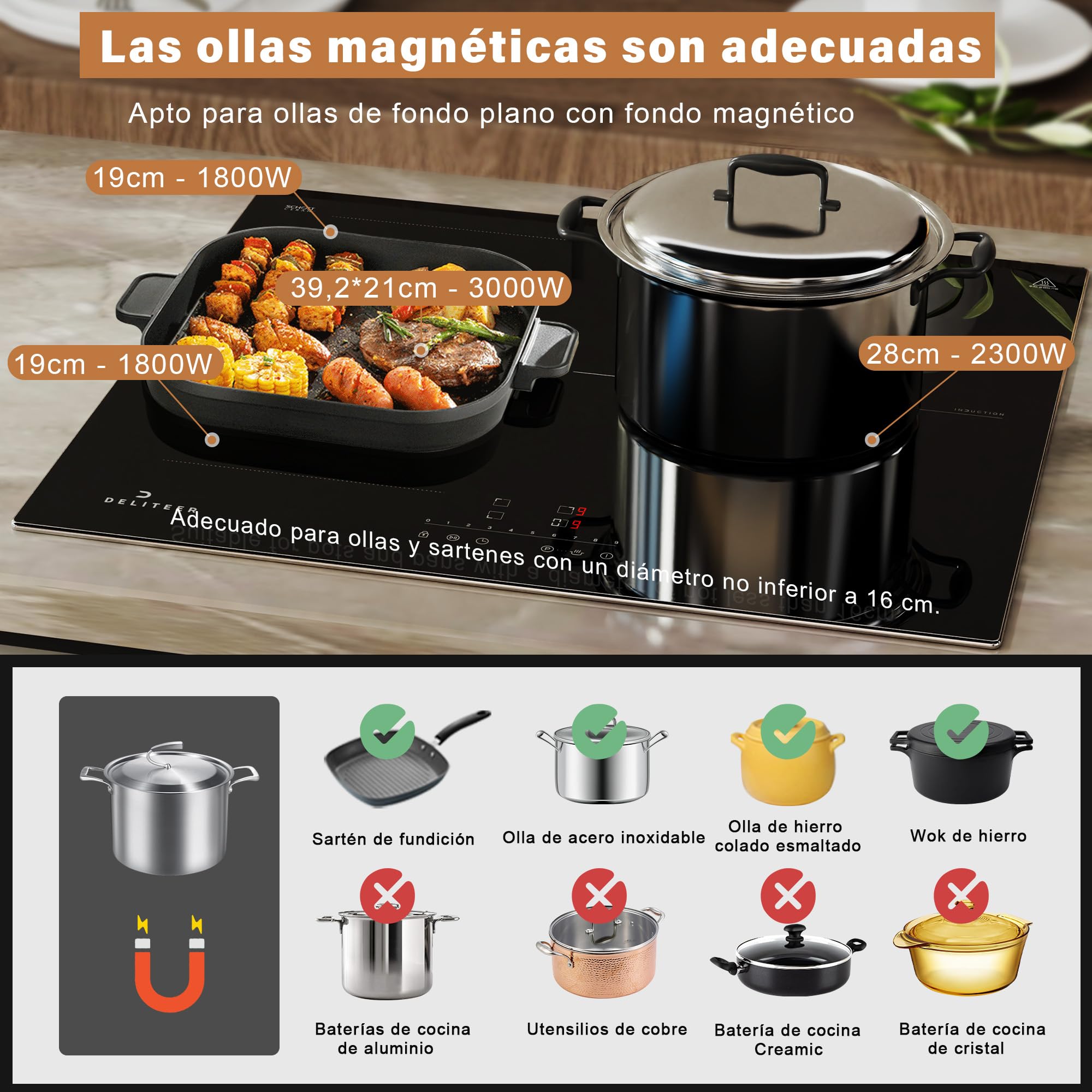 Placa Induccion 3 Fuegos, 60 cm, Marco de Acero Inoxidable | Empotrado, Zona Flexible, Bloqueo de Seguridad Para Niños, Temporizador, 220 V~240 V, 6800 W