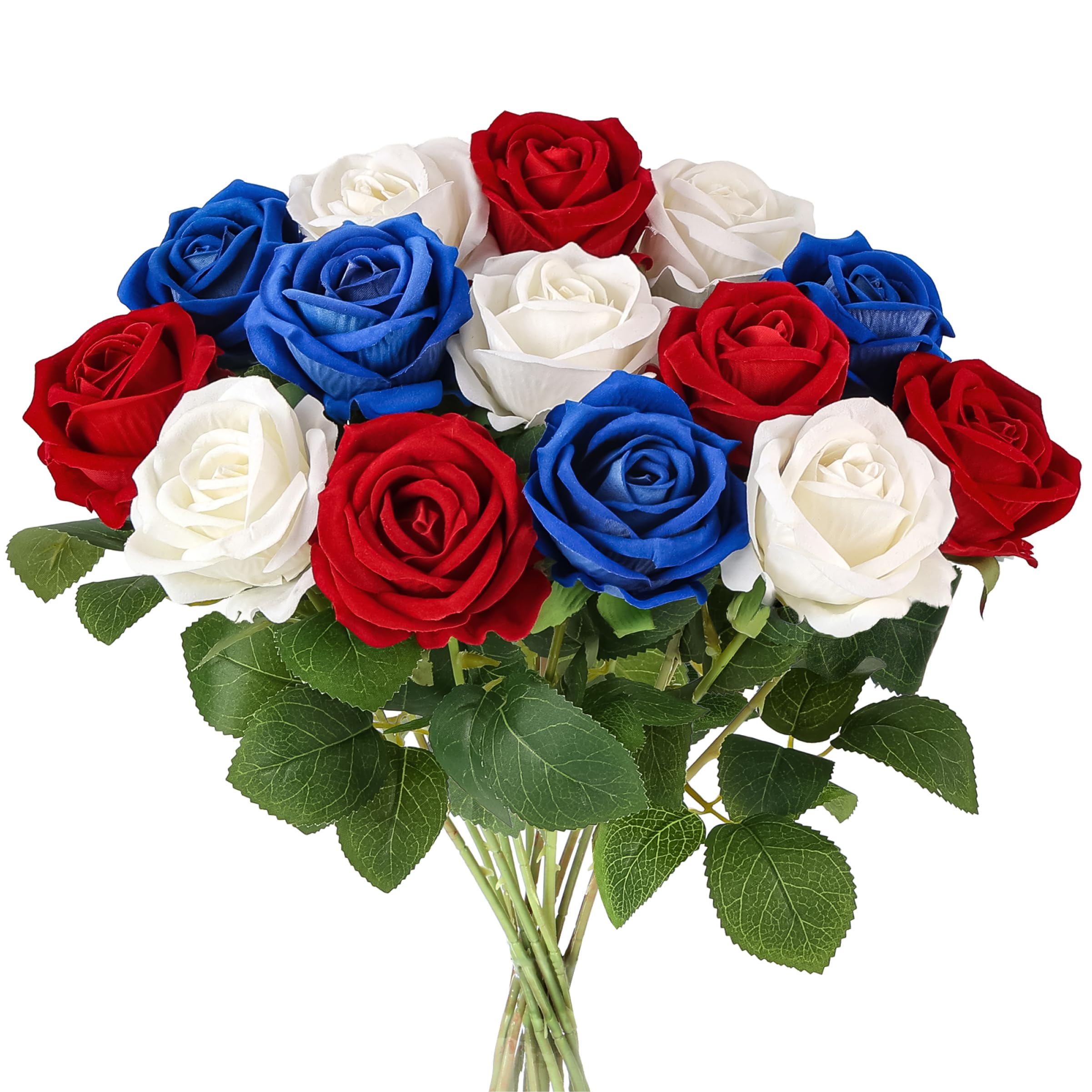 Photo 1 of Auihiay 14PCS Red White Blue Artificial Roses, Patriotic Velvet Silk Fake Roses Flowers with Long Stem for 4th of July Independence Day Home & Memorial Day Decorations