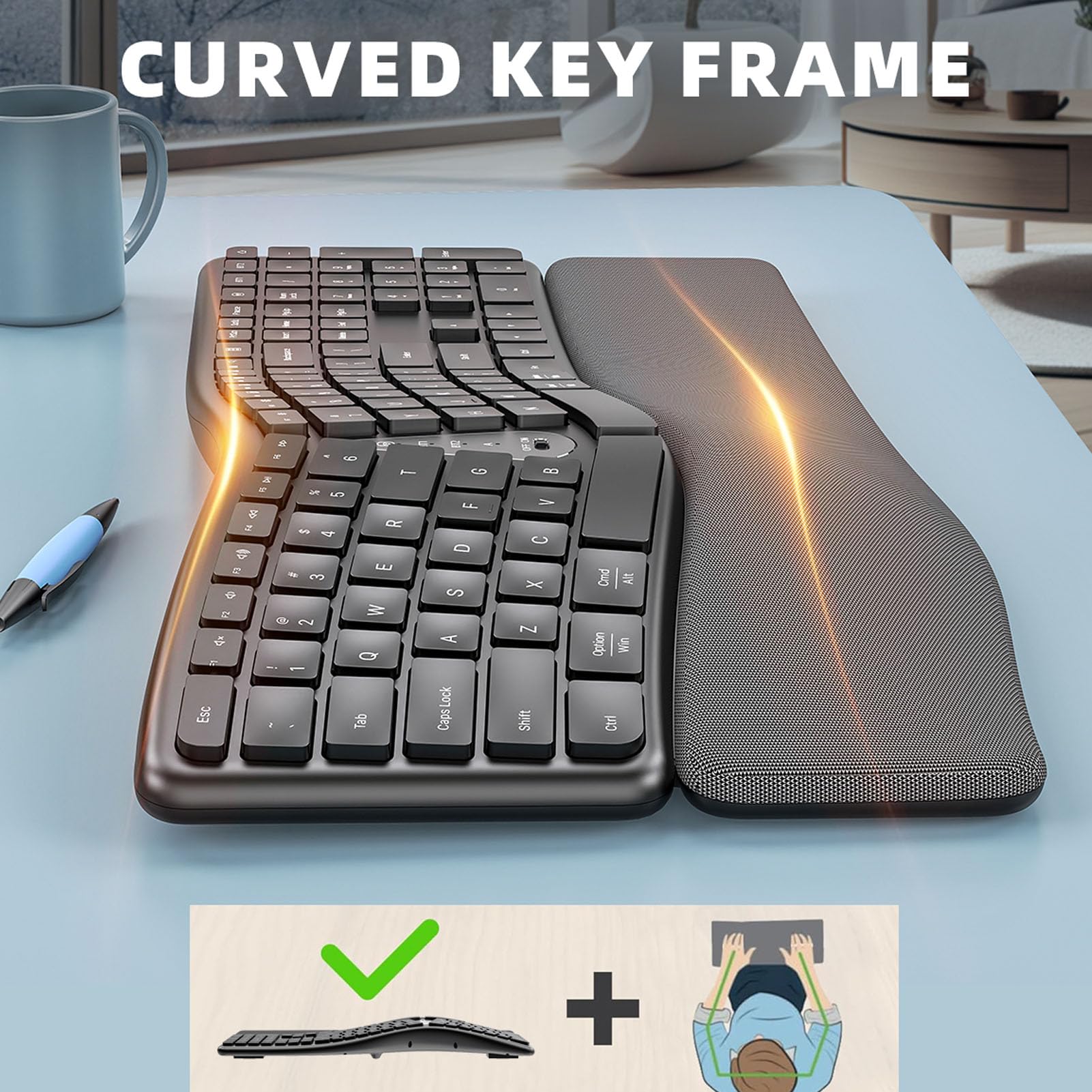 Denash Tastiera Ergonomica Wireless, Tastiera Divisa Bluetooth USB C 2.4G con Poggiapolsi Imbottito, Tastiera per Computer a 111 Tasti per Laptop Desktop
