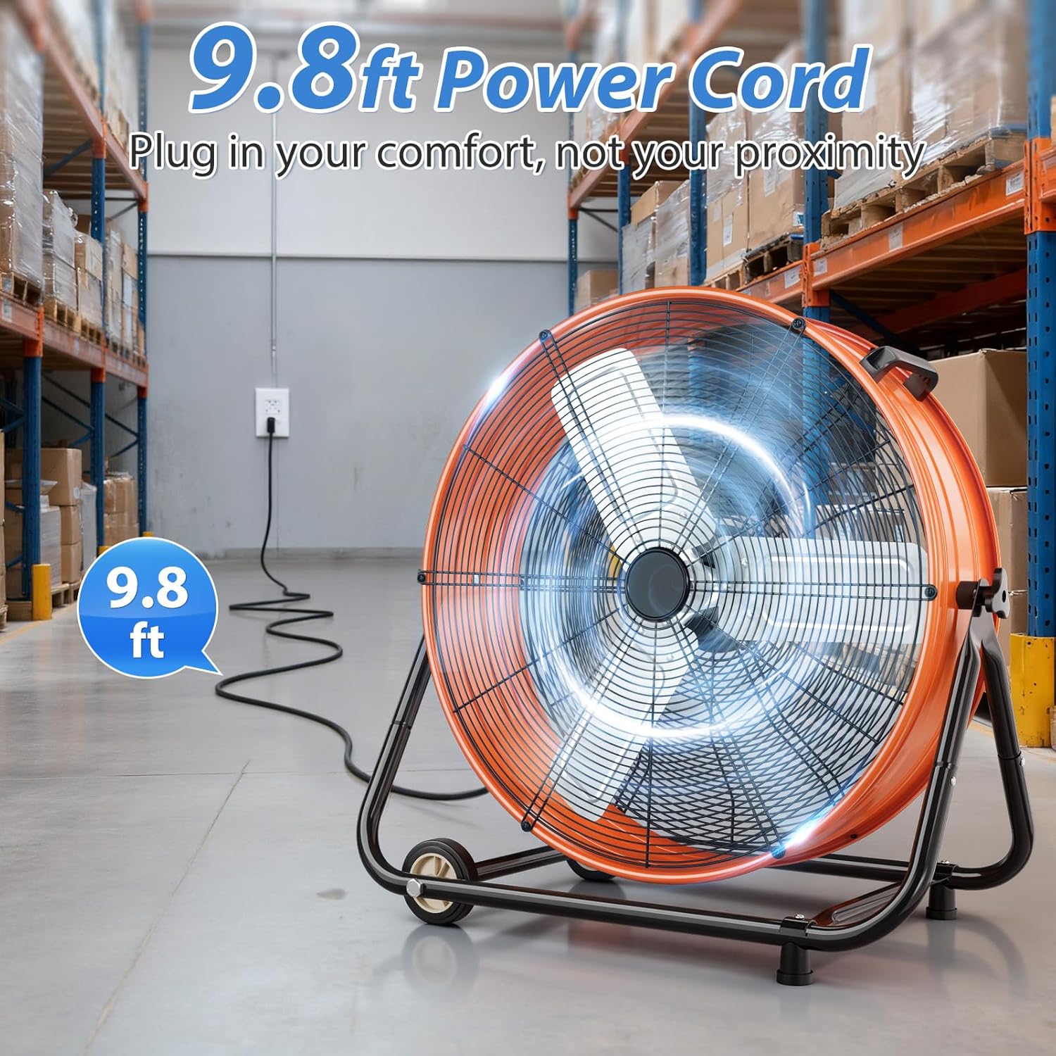 LifePlus 30" Industrial Drum Fan, 14000 CFM High Velocity 3-Speed Heavy Duty Metal Air Circulator with 360° Tilt, Casters Handle for Warehouse Factory workshops Patios Garage, Orange