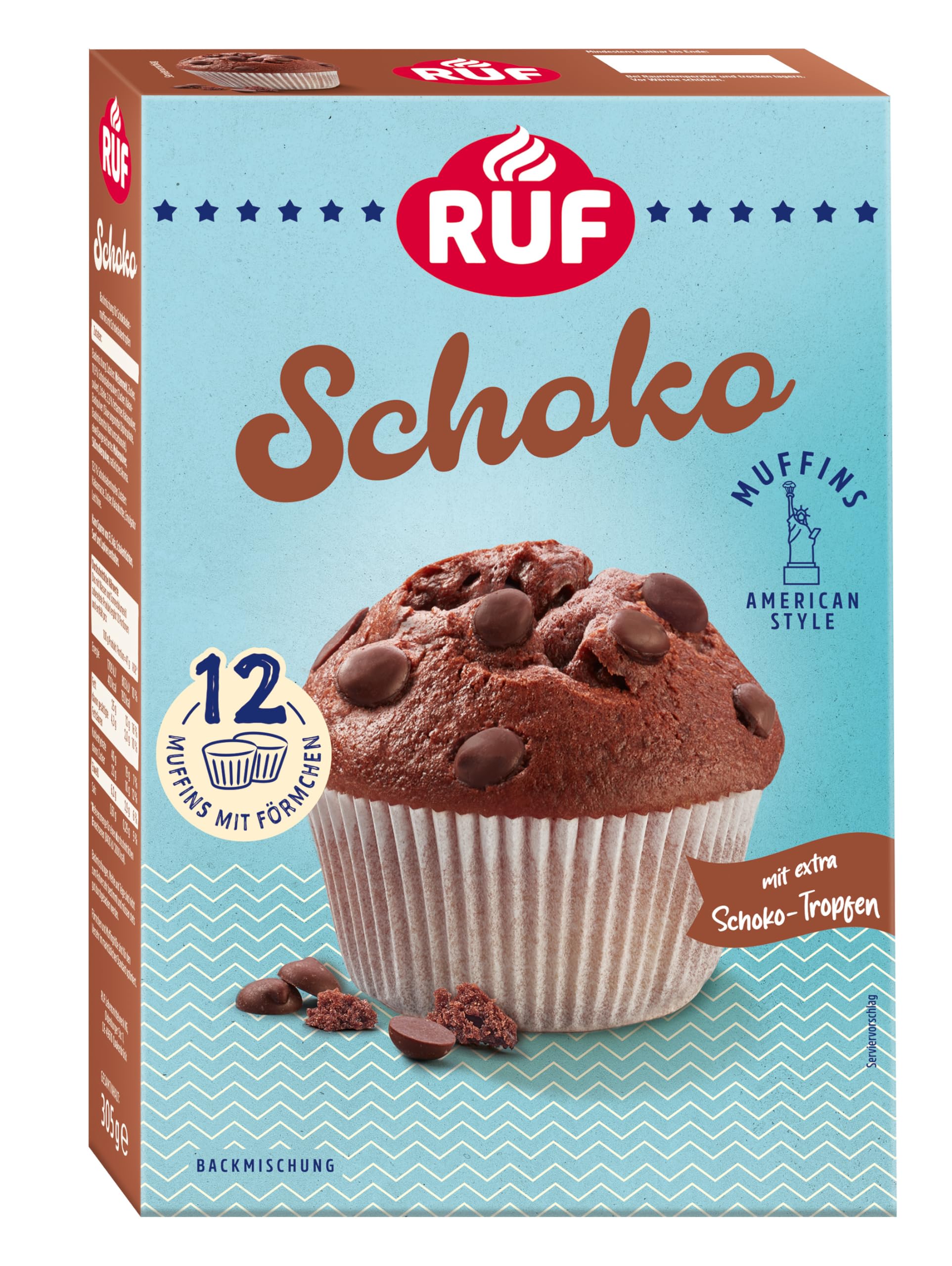 RUF Schoko-Muffins Backmischung, schokoladige American Style Muffins mit Schockoflocken, einfache Zubereitung, 12 Muffin-Förmchen inklusive