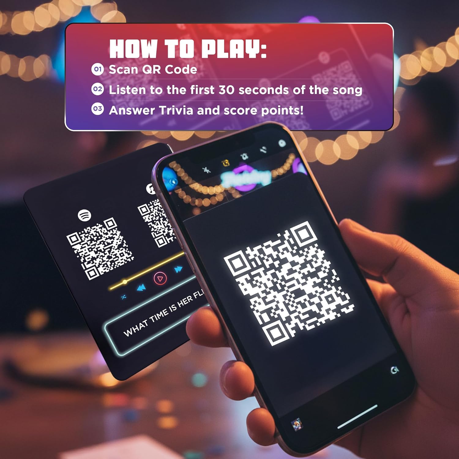 Q The Music – Music Lyric Party Trivia Quiz Card Game for Adult and Family Game Nights, 2-10 Players, Scan, Listen to Iconic Hits, and Answer Trivia – Adult Games for Parties