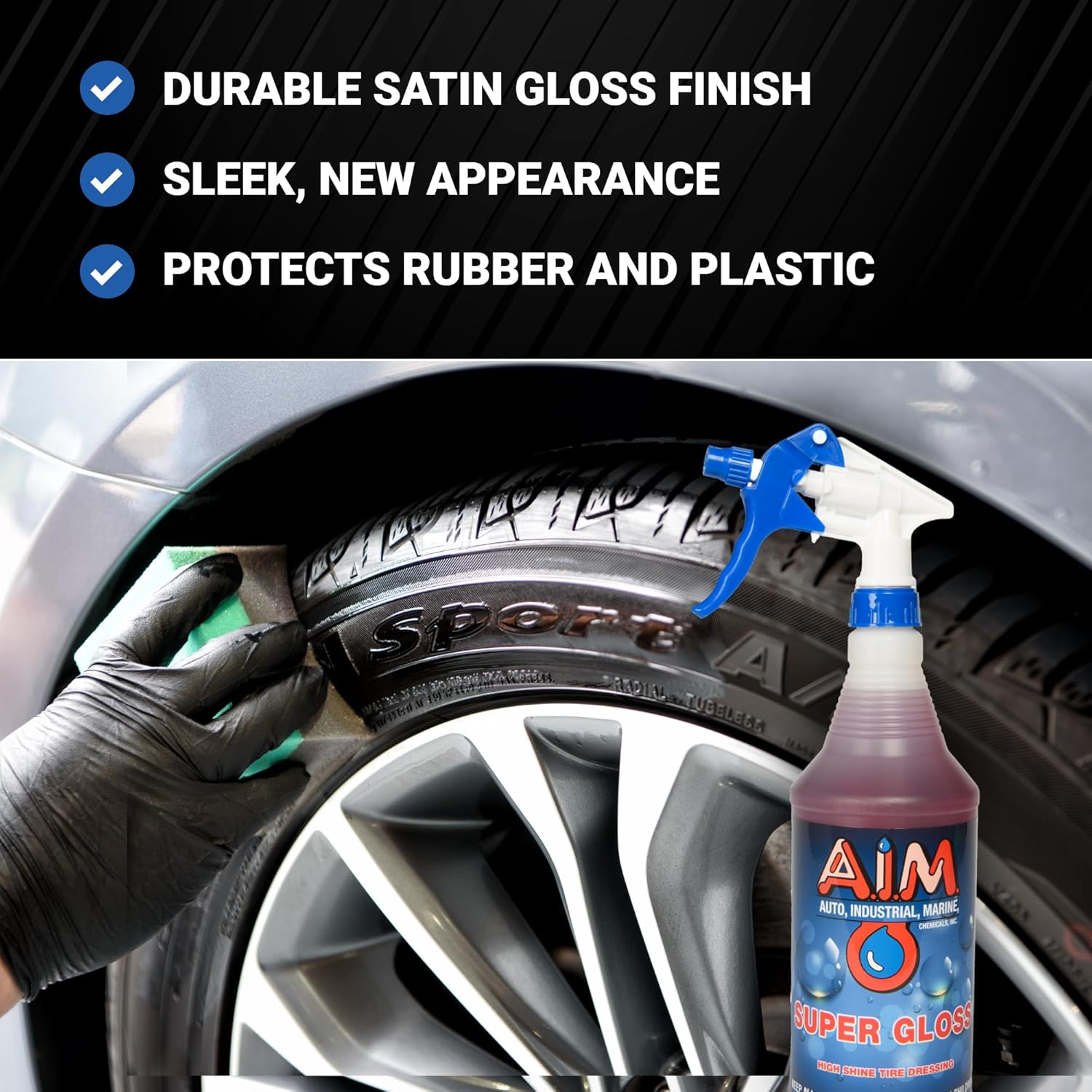 AIM Chemicals Super Gloss - Durable long lasting Tire Shine, Rubber & Vinyl Protector, Long-Lasting UV Protection, Versatile Application for Tires, Plastic Trims, Bumpers - Gal