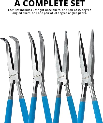 Miniatura 2 de NEIKO 02105A (4) Alicates de punta larga de 11 pulgadas de largo alcance, recto, ángulo, alicates curvos, 45 y 90 grados, alicates de punta doblada