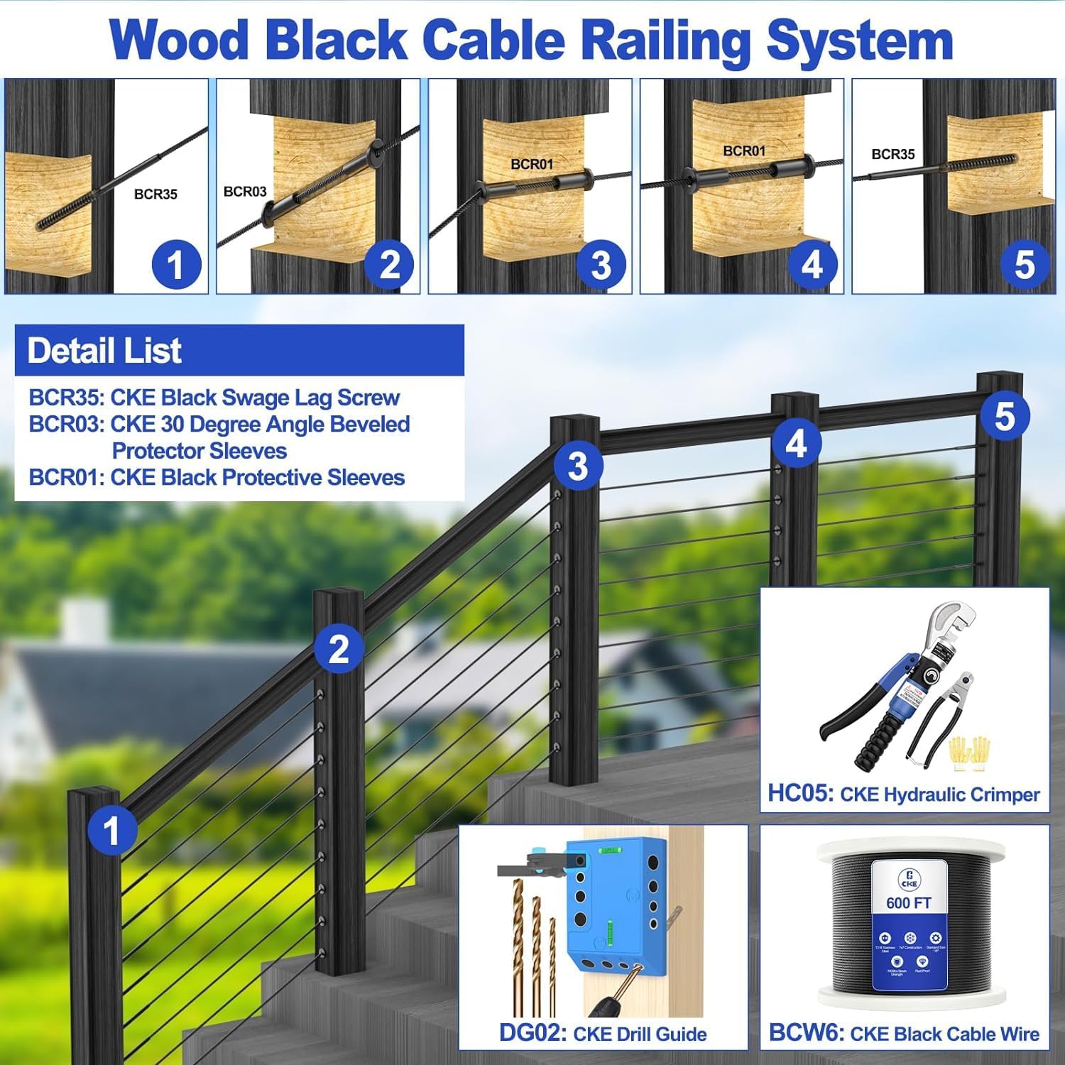 CKE Paquete de 40 fundas protectoras negras de acero inoxidable T316 para barandillas de cables de 1/8, 5/32 o 3/16 pulgadas, para barandilla de cables de 1/8, 5/32 o 3/16 pulgadas, BCR01-3/16