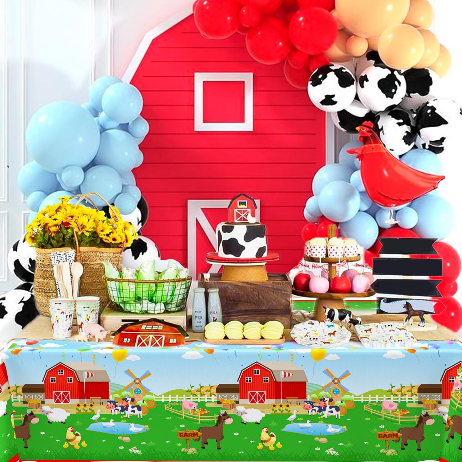 3pcs Farm Animals Party Tablecloth, 42'' x 71'' Farm Animal Tablecover Barnyard Animals Table Cloth Perfect for Barnyard Birthday Party Decorations