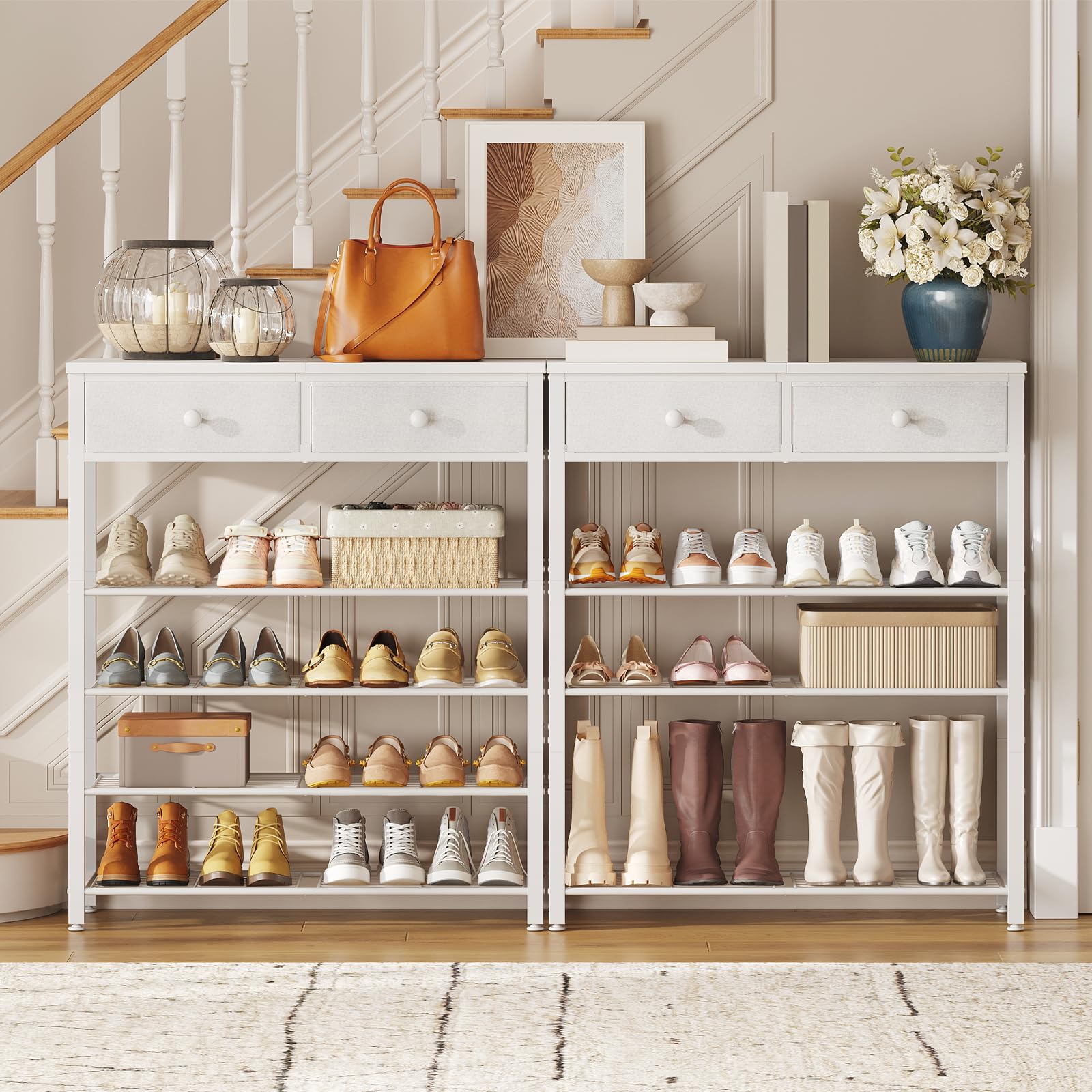 HOOBRO Zapatero con 2 Cajones y 4 Estantes de Rejilla, Mesa de Consola Estrecha para Recibidor, Estantería de 75 x 28 x 93 cm para Entrada, Sala de Estar, Balcón, Blanco EWW178XJ01