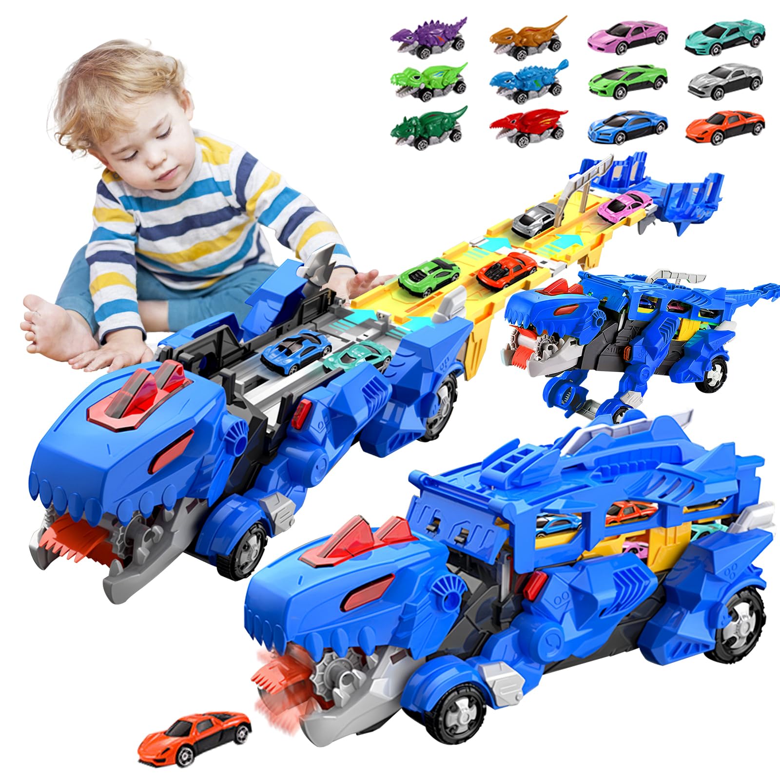 Camión de Transporte de Dinosaurios Coches de Juguete para niños con 12 Mini Coches, 3 en 1 Plegable portátil Pista de Carreras Coche de Juguete, para niños de 3, 4, 5, 6, 7, 8 Años
