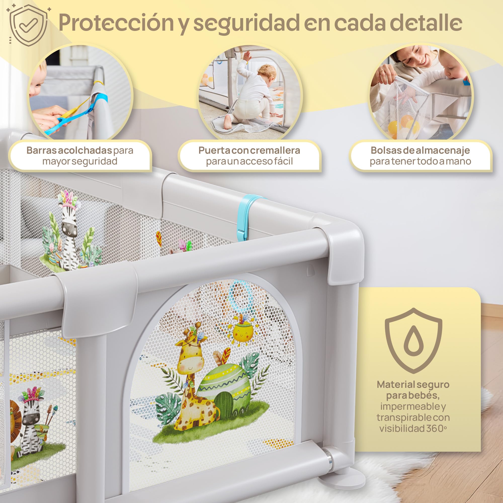 Parque Infantil Bebé 150x150cm con Malla Ilustrada y Esterilla Reversible – Corralito Acolchado Seguro, Libro Sensorial, Bolas y Agarraderas | AKERAQ