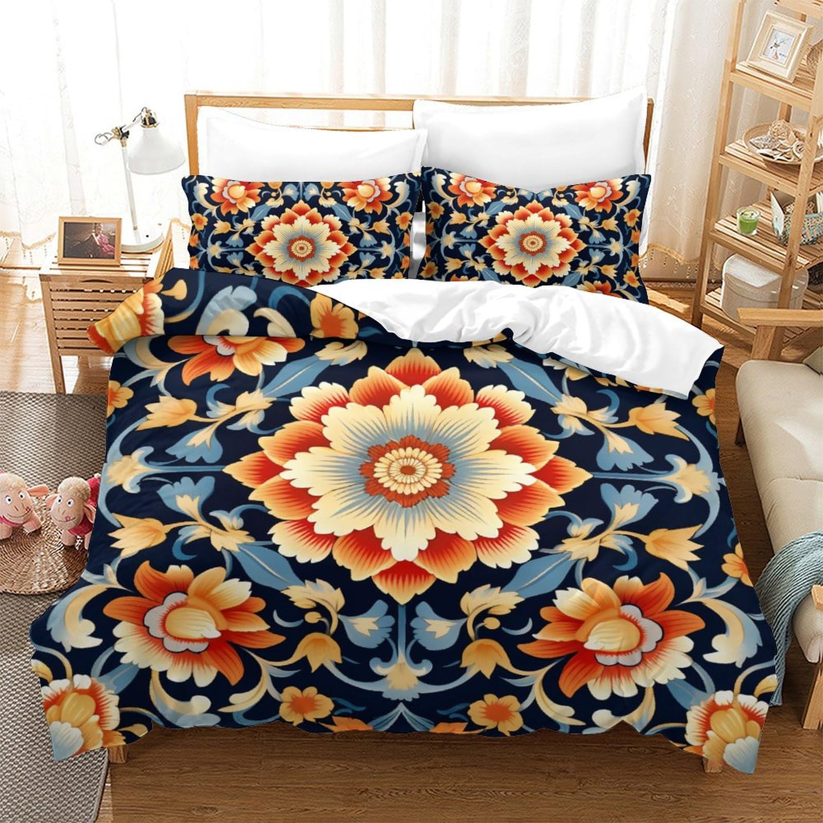 Housse de couette fleurs 3D 200x200 cm respirante avec 2 taies d'oreiller