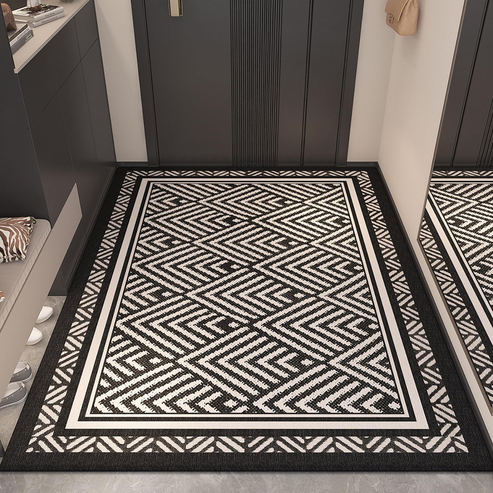 Felpudo Entrada Casa 90x150 Negro Beige Patrón Geométrico Felpudo Exterior Antideslizante Lavable Felpudos para Pasillo Cocina Puerta Jardín Decoración Alfombrilla para Entrada