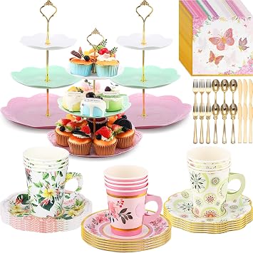 Layhit 83 Pcs Disposable Tea Party Set for Women Girls Vintage Floral Tableware with 3 Tier Cake Stand, Paper Cups & Saucers, Plates, Napkins, Cutlery for Birthday Baby ShowerClassic