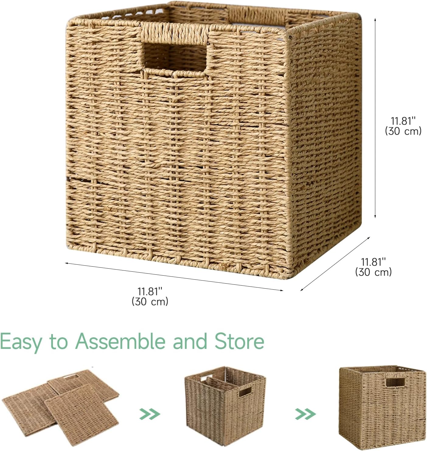 IRONMIX 11.81" Collapsible Storage Baskets, Paper Vine Storage Cube Bins with Handle for Cube Shelf Organizing Shelves, Woven Bins for Bathroom, Laundry, Pantry (Natural, 11.81"-2 Set)