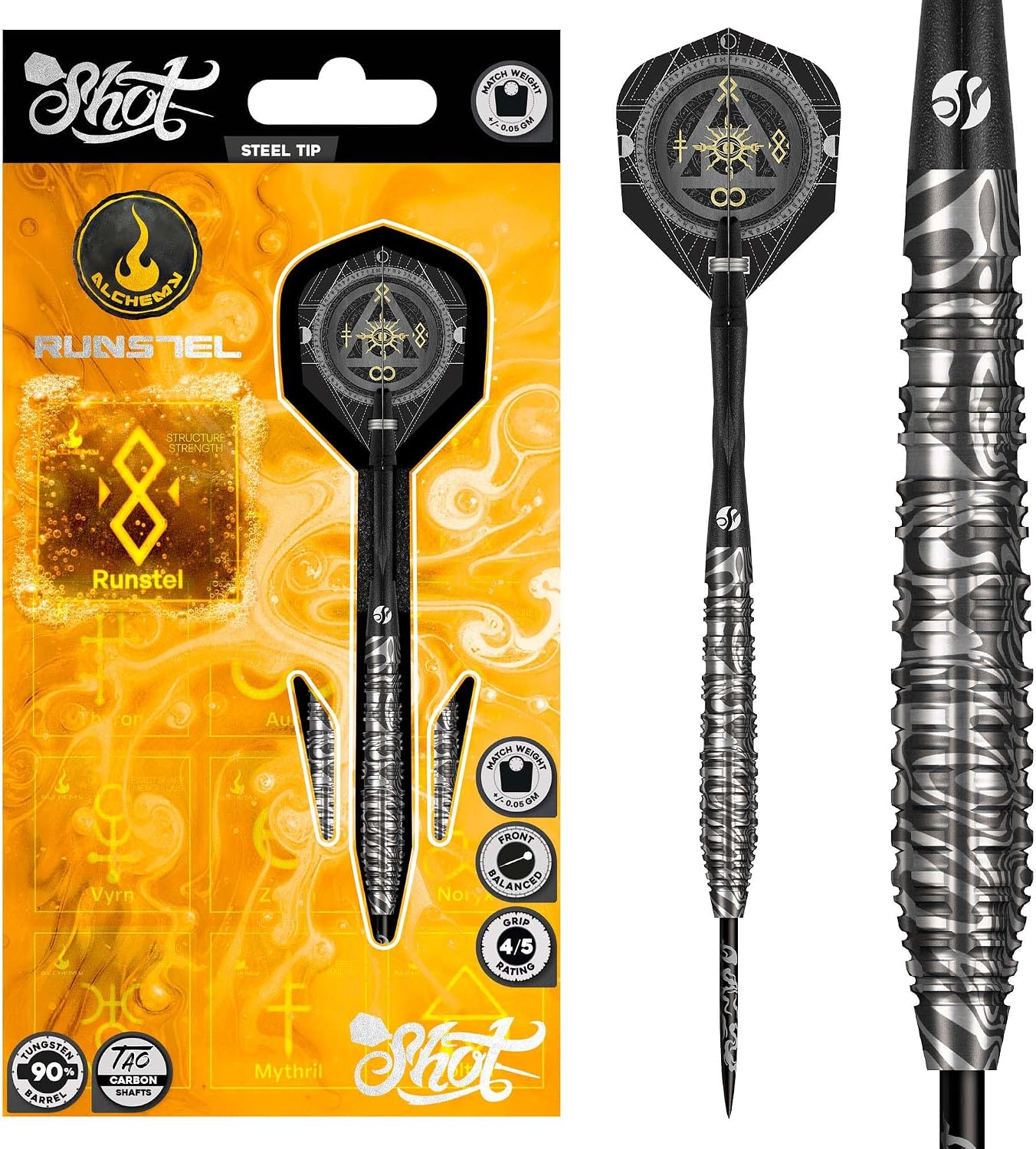 Shot! Alchemy Runstel Steel Tip Dart Set-90% Tungsten Barrel Handcrafted Professional Dart Set & Flights Made in New Zealand, Steel Tip Darts for Bristle Dartboard