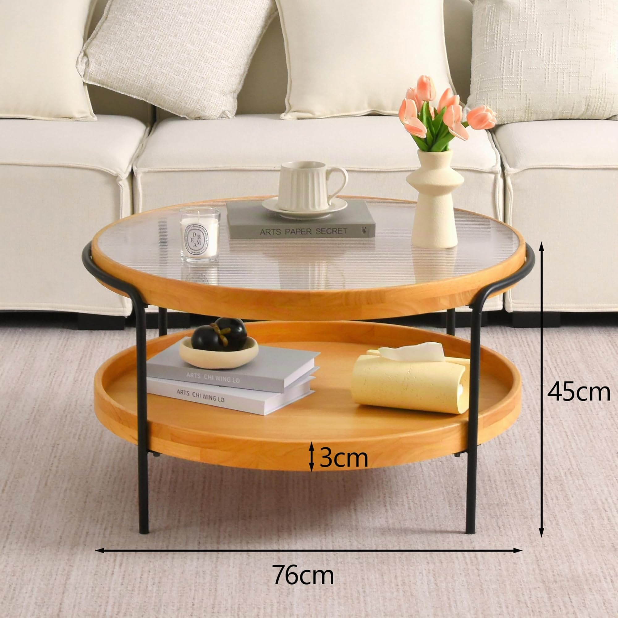 Couchtisch Rund Holz, 2-Tier Coffee Table aus Glas, Ø76x45cm