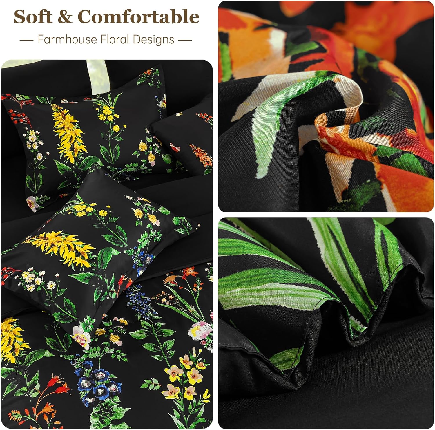 WONGS BEDDING Black Comforter Set King Size 8 Pieces Bed in a Bag Colorful Floral Botanical Complete Bedding Set with Sheets, Soft Microfiber Reversible Comforter Bed Set for All Season - Image 6