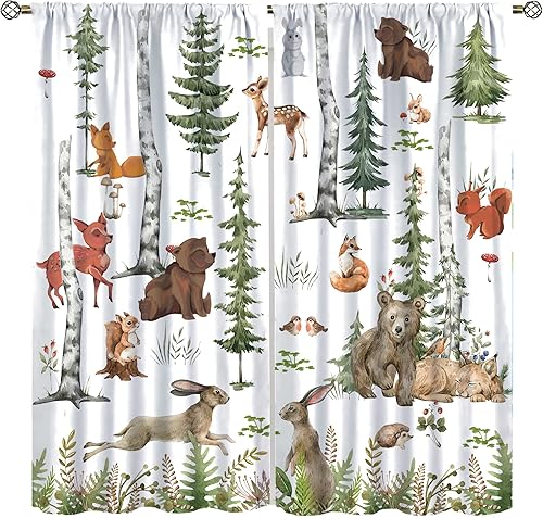 Miniatura 9 de SENRUEGT Cortinas de animales del bosque para niños, tratamientos de ventana de dibujos animados de acuarela, lindo animal floral para niña, hogar,