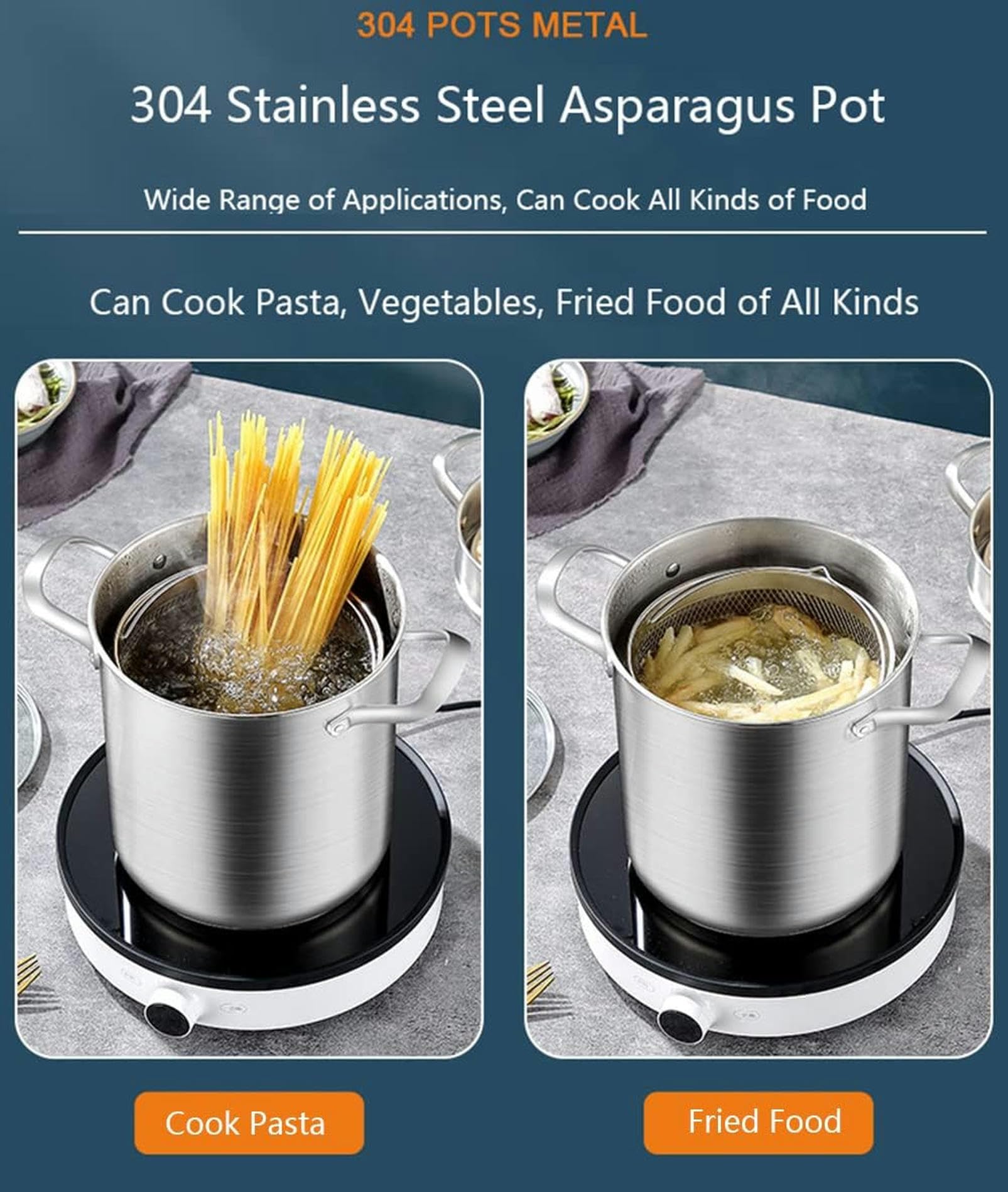Marmite à Asperges en Acier Inoxydable 304, cuiseur à Vapeur pour Asperges, légumes, pâtes, poêle à Frire avec Panier métallique et Couvercle, 4,5 L, sans BPA, Argent