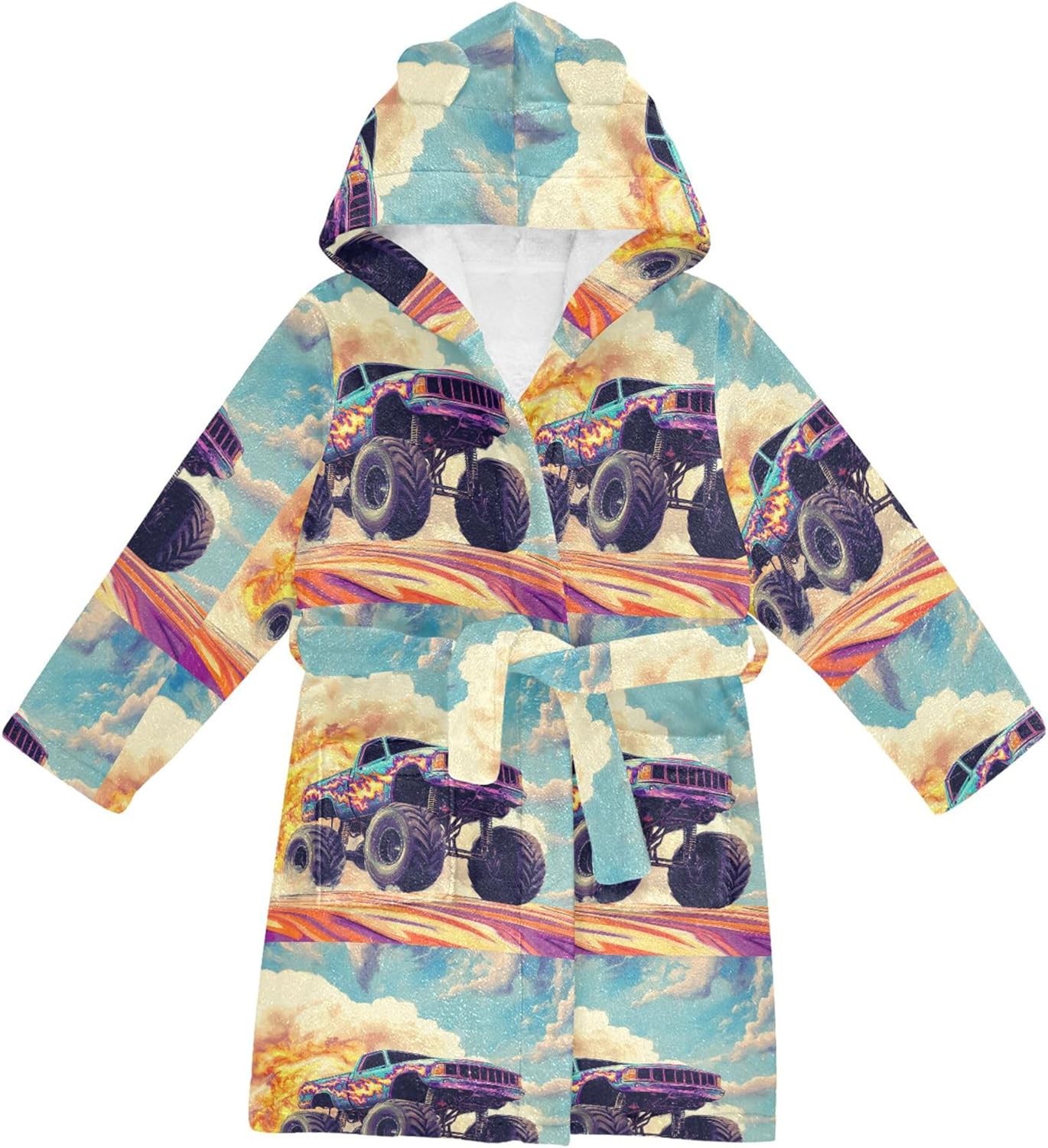 Fire Monster Truck Cars Bathrobe Hooded PJ Robe Plush Fleece Robe Pajama Sleepwear 2-12 Years