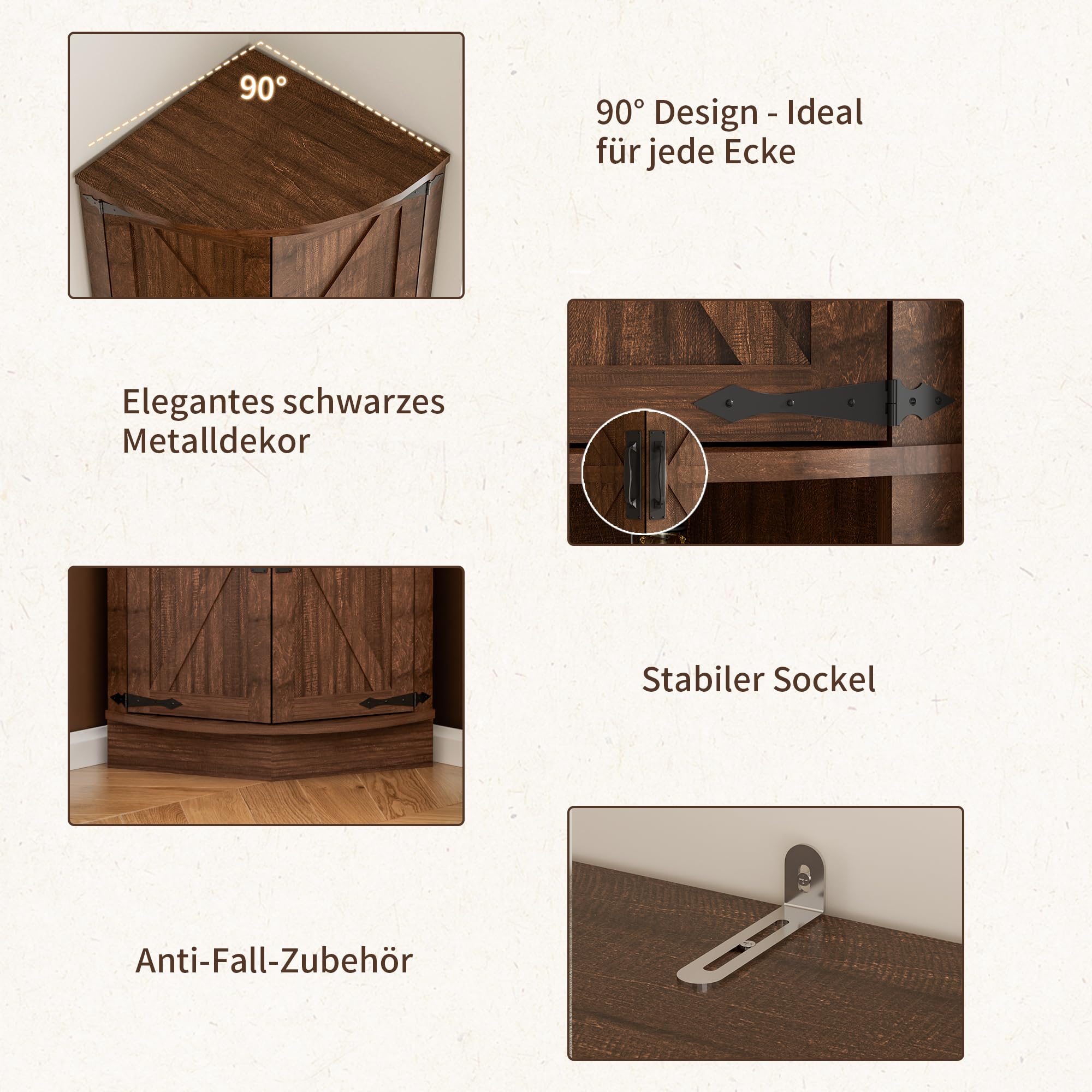 BonVache Küchenschrank Hoch, Eckschrank, Badezimmerschrank Schmal, Eckregal mit 4 Türen und 5 Ablageflächen, 165cm Aufbewahrungsschrank Holz, Hochschrank für Küche, Wohnzimmer, Esszimmer, Braun