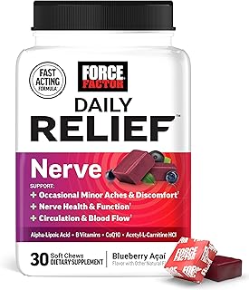 FORCE FACTOR Daily Relief Nerve Supplement with Alpha Lipoic Acid, B Vitamins, CoQ10 & Acetyl-L-Carnitine HCl for Nerve Discomfort in Hands, Feet, Toes & Fingers, Blueberry Acai, 30 Soft Chews