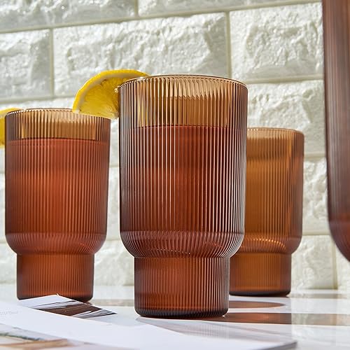 Miniatura 5 de Juego de 4 vasos altos de acrílico inastillables, estilo europeo, aptos para lavavajillas, acanalados, juego de 4, tritán estriado, plástico