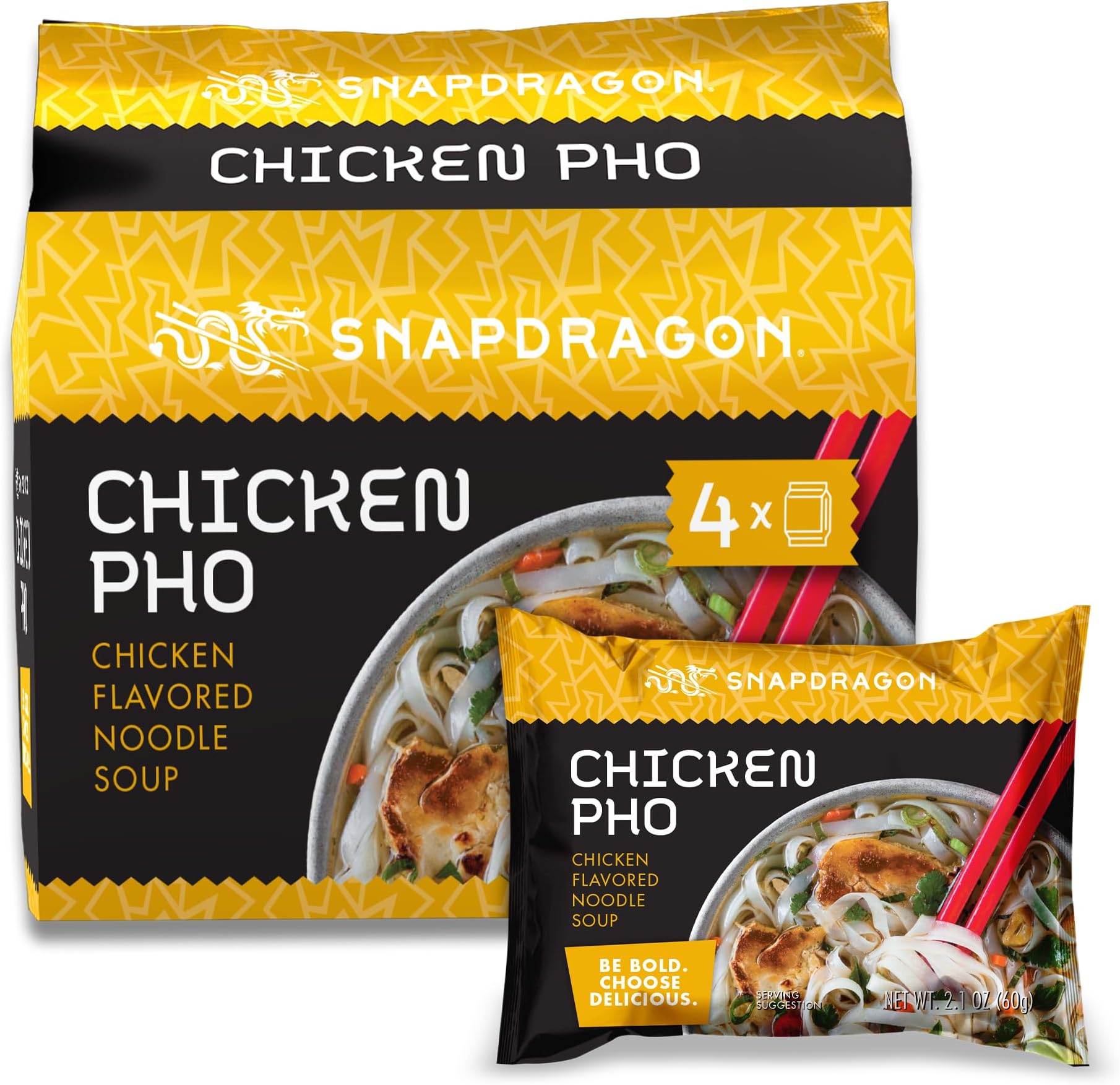 Chicken Pho Instant Noodle Packets 4-Pack | Rich Chicken Flavored Broth with Rice Noodles, Gluten Free, No Artificial Flavors, 4 2.1oz Packets
