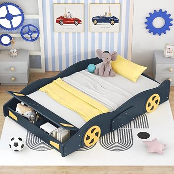 Virubi Full Size Kids Car Platform Bed with Wheels and Storage, Race Car Wood Bed Frame for Boys Bedroom Dark Blue Style2, Full