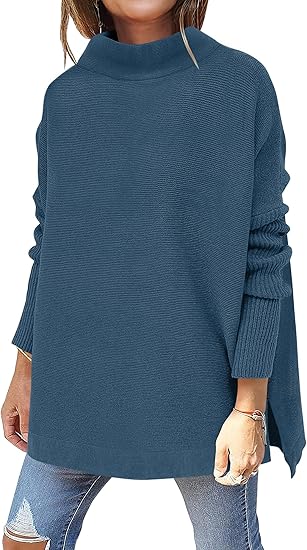 ANRABESS Women's Turtleneck Oversized Long Batwing Sleeve High Low Spilt Hem Knit Pullover Sweater Tops