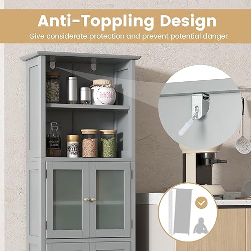 Miniatura 6 de COSTWAY Armario de almacenamiento alto para baño, armario de despensa de cocina independiente con puertas de vidrio y estante ajustable, gabinete de