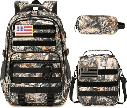 Camo Backpack for Boys, Tactical Boys Backpack with Lunch Box Pencil Case, Kids Backpacks with USB Charging Port, Military Army School Bookbag for Teen Boy Elementary Middle High School Camp