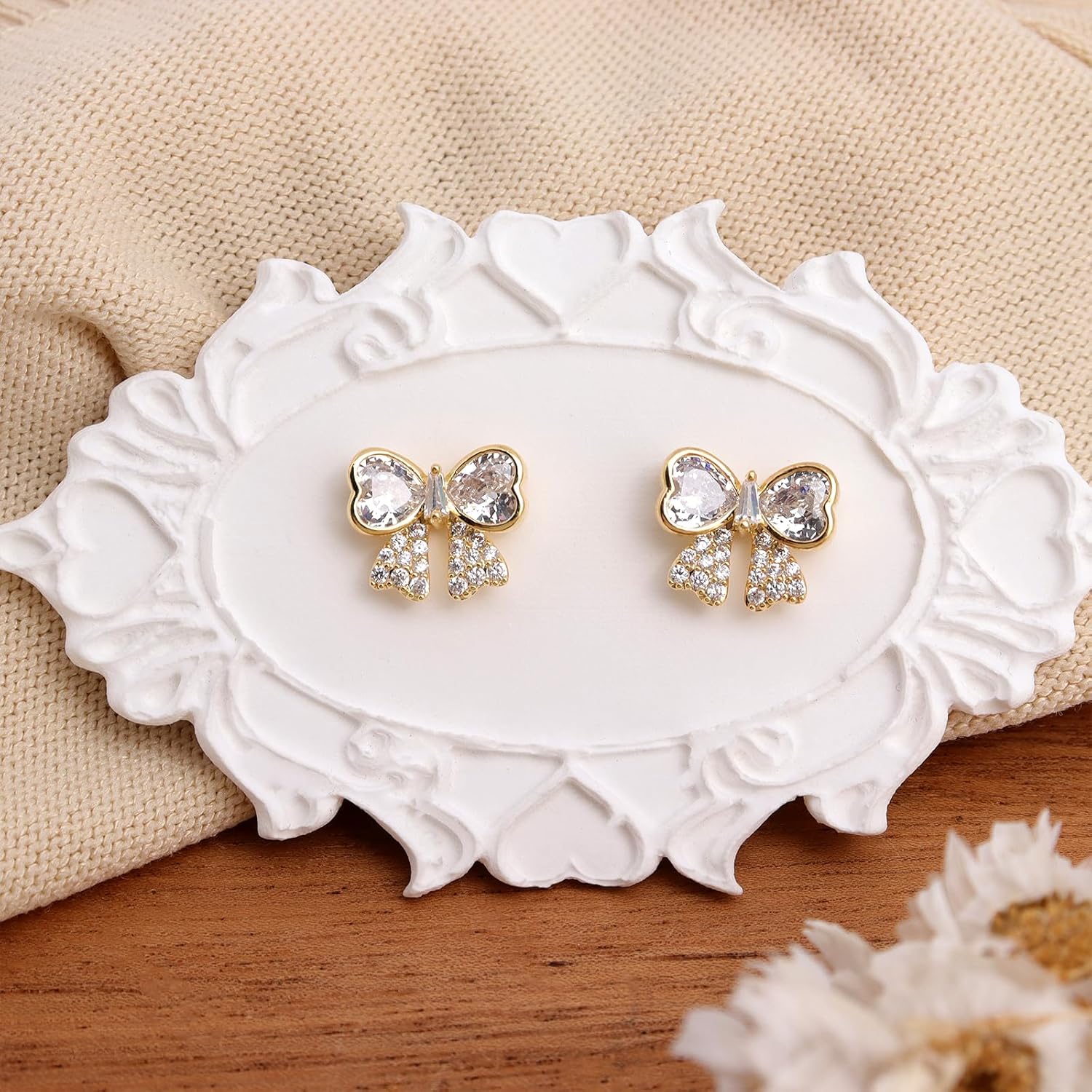 Sonateomber Gold Silver Bow Stud Earrings for Women, Dainty Cute Cubic Zirconia Rhinestone Ribbon Bowknot Earings Prom Wedding Fashion Jewelry Gift - Image 6