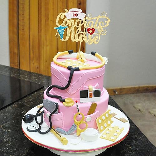 Miniatura 7 de Gyufise 1 pieza de decoración de pastel de enfermera de felicitaciones con tapa de enfermera con purpurina 2023, selección de pastel de enfermería