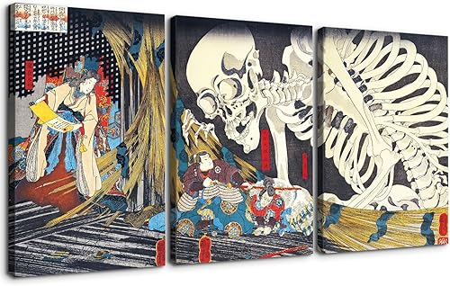 Dimpoli Lienzo de pintura japonesa para decoración de pared, 3 piezas, 24 x 36 pulgadas, Katsushika Hokusai, paisaje de la bruja y el esqueleto de