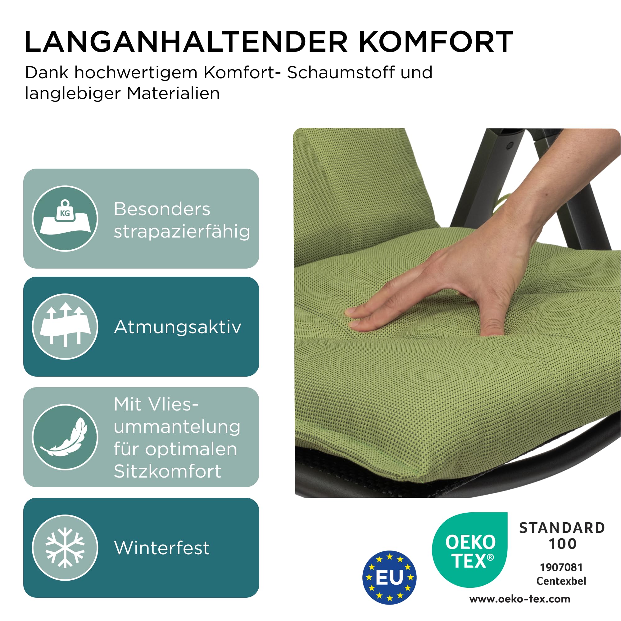 Gartenstuhlauflagen Niedriglehner, 4er Set, Grün | Extra Dicke Sitzauflagen, Made in EU, Stuhlauflagen für Niederlehner Gartenstuhl, Auflagen mit extra hoher Lichtechtheit