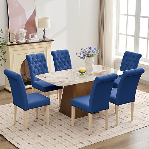 Miniatura 6 de LOULENS Juego de 4 sillas de comedor de tela, modernas sillas Parsons, sillas de comedor de moda con ribete de cabezas de clavos, acolchado con