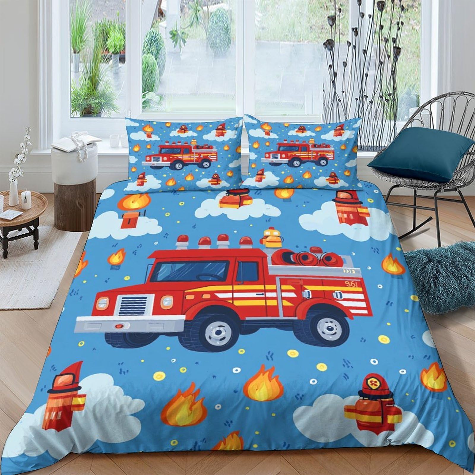Ctjqhvkz Style-9 3D Printed Fire Truck Fitted Sheet Microfiber Blue Cartoon Flames Mattress Cover For Bedroom Dorm Rental Decor Single（135X200cm）