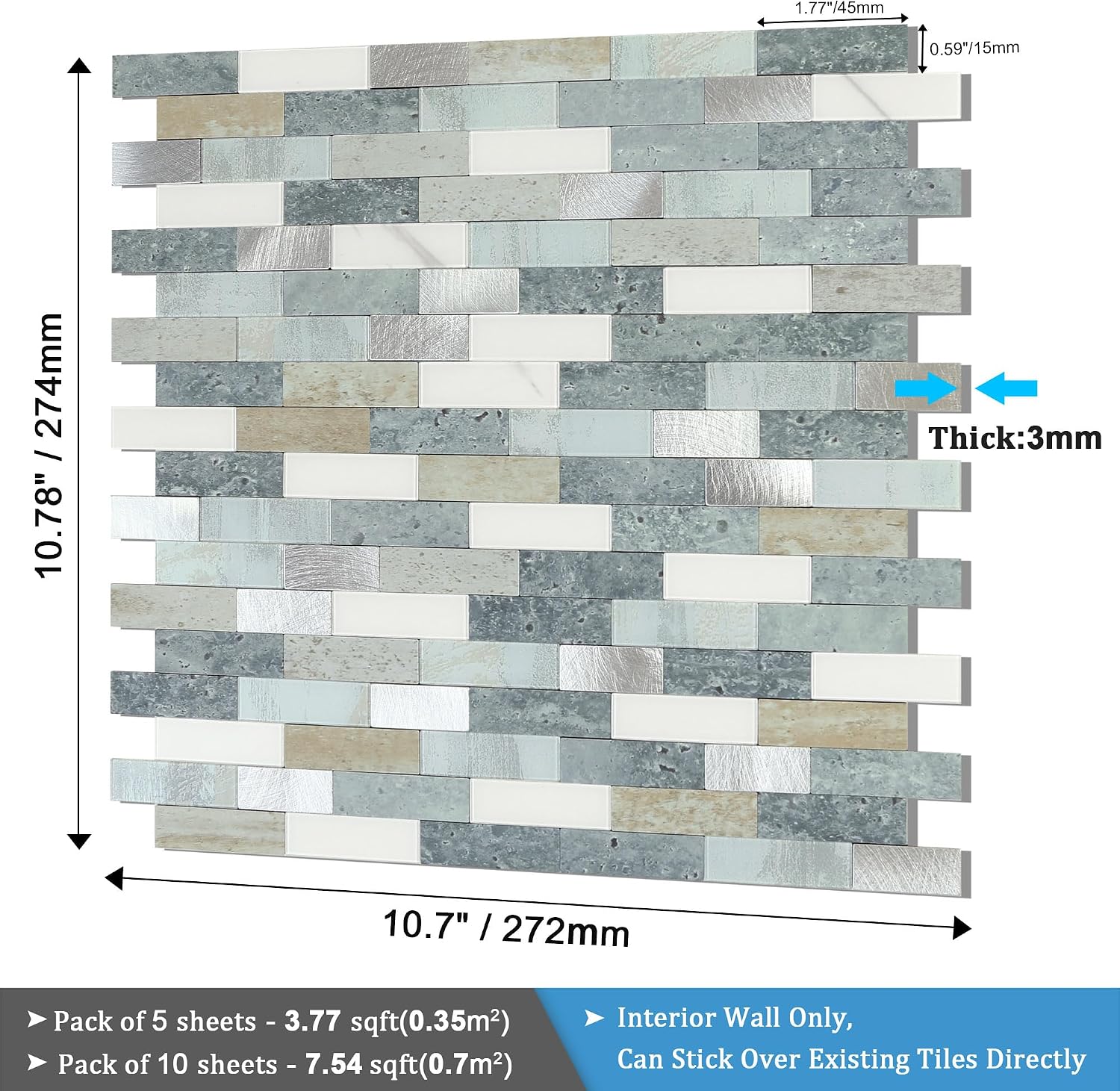 BeNice Peel and Stick Backsplash for Kitchen Mosaic Bathroom Marble Shower Tile Stickers Waterproof(10sheets,Blue Gray)