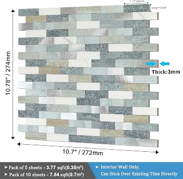BeNice Peel Stick Backsplash Brick Stone Wall Tile Blue Gray 10pcs