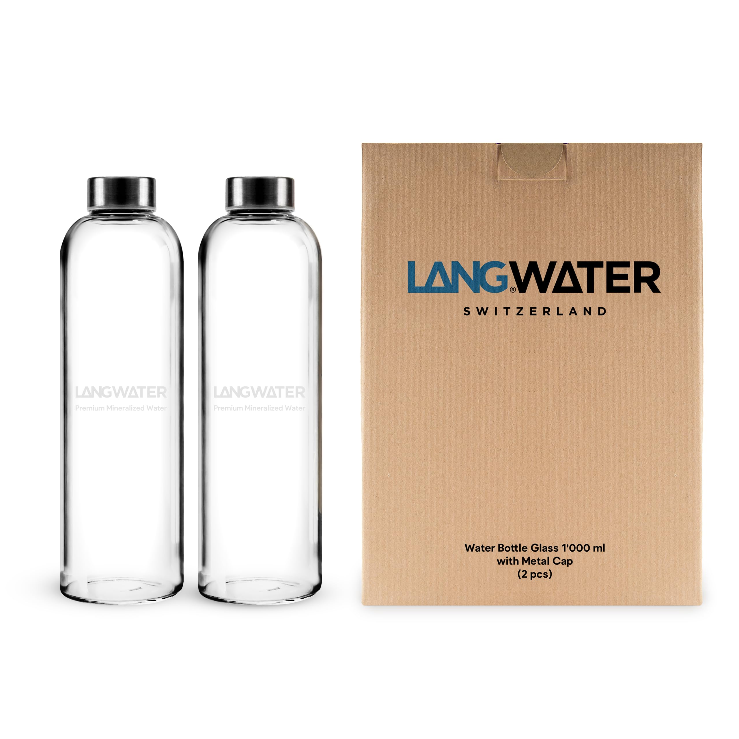 LANG WATER Lot de 2 bouteilles d'eau en verre avec bouchon en métal – 1 l (lot de 2) – Carafe polyvalente en verre pour boissons chaudes/froides