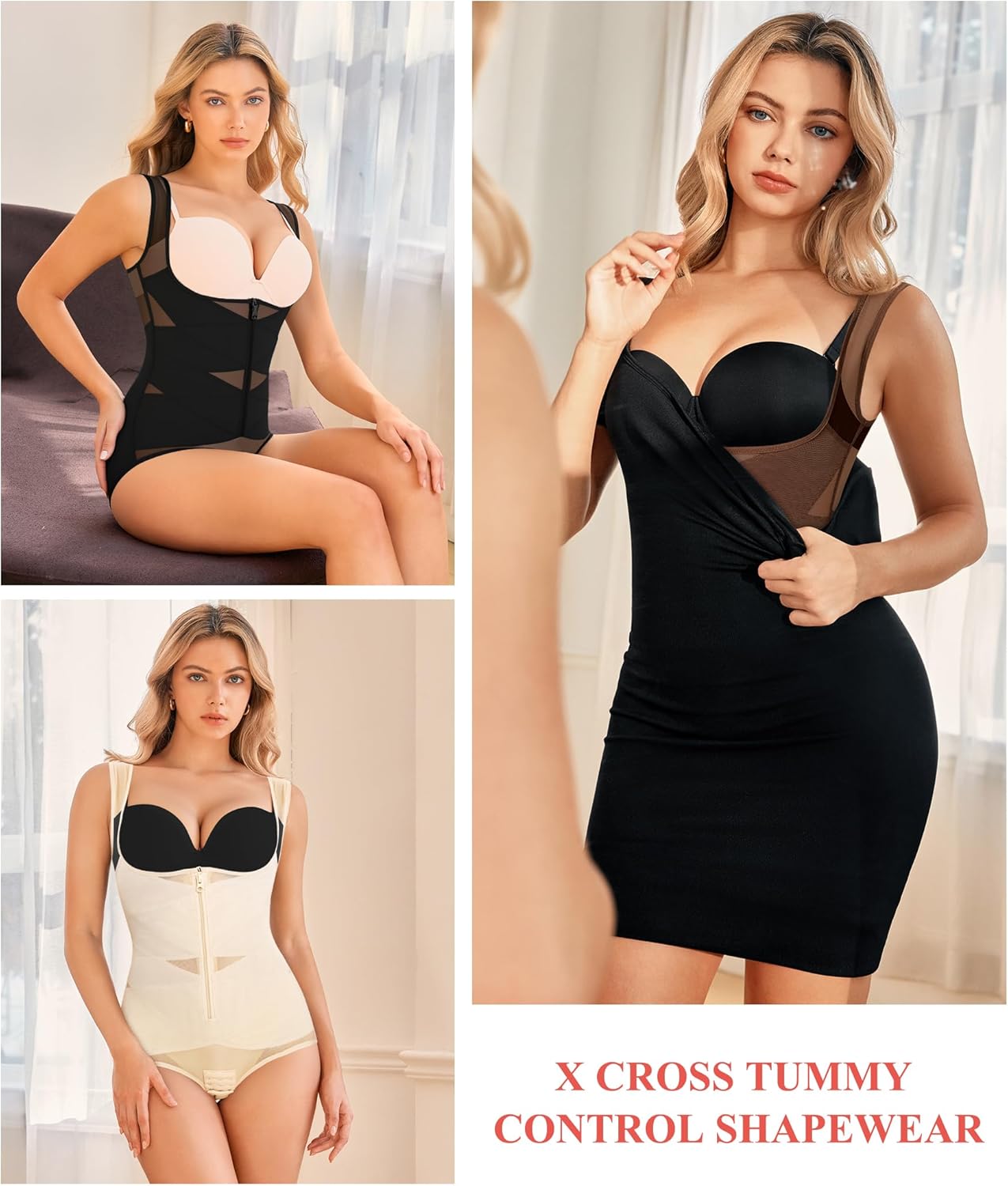 KUMAYES Zipper Shapewear for Women Tummy Control Bodysuit Slimming Faja Body Shaper Open Bust Waist Trainer for Daily Wear